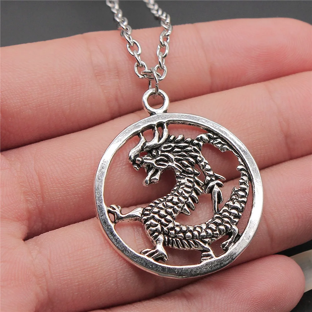 

Dropshipping Antique Silver Plated 37x32mm Dragon Pendant Necklace For Women Men Long Chain Trendy Jewelry Accessories