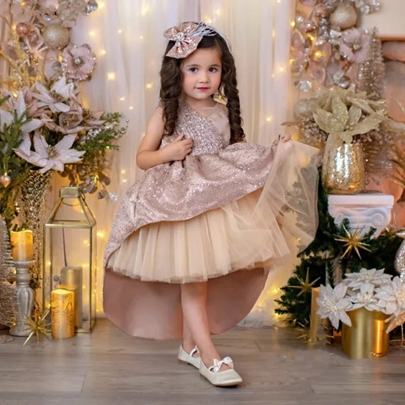 

Little Child Flower Girl Dresses Bow Sequined Tiered Knee Length Custom Made Sleeveless Pageant Gown Dress