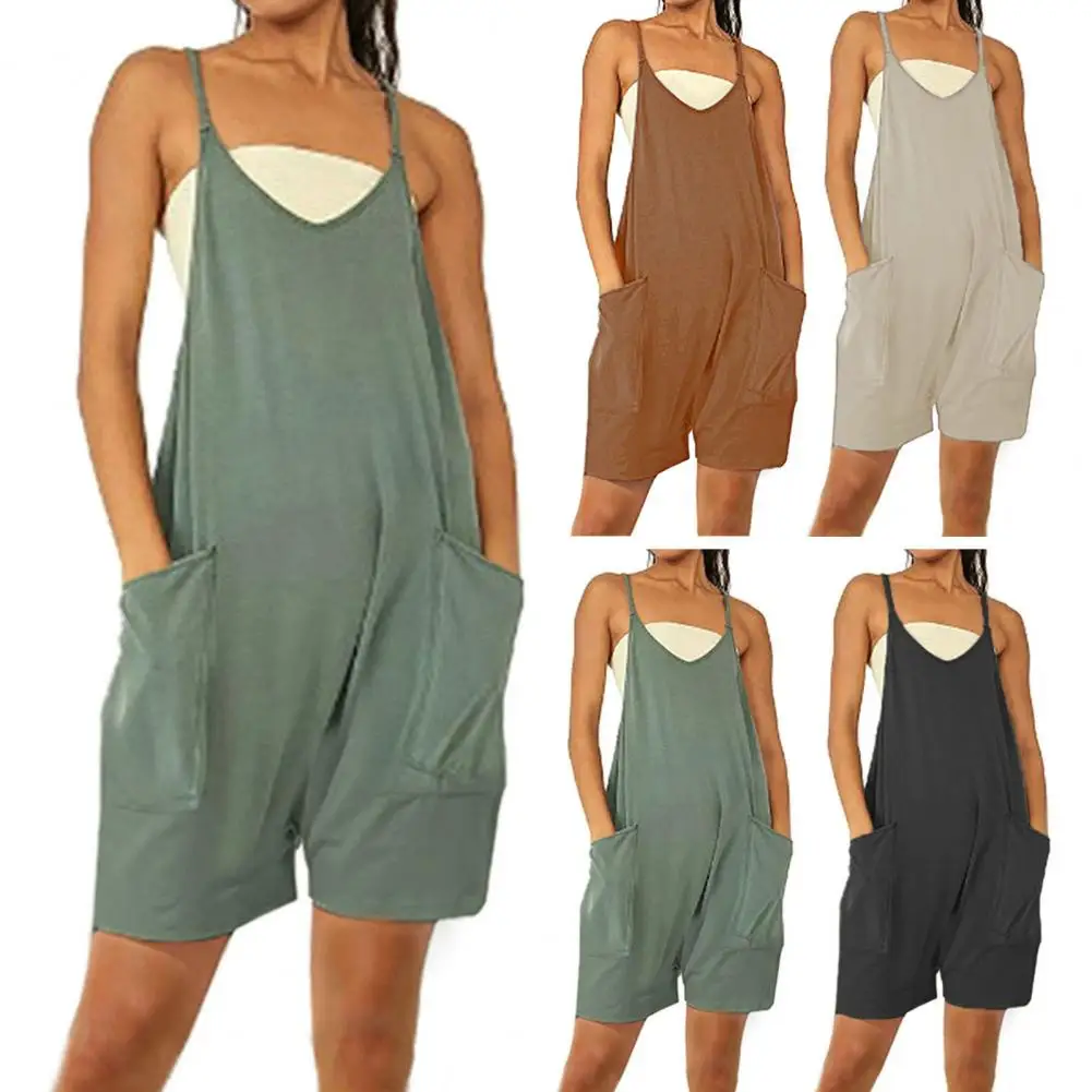 

Women Loose Jumpsuit Summer Casual Sleeveless Rompers Pocket Suspenders Bib Short Pants Playsuits Overalls Plus Size
