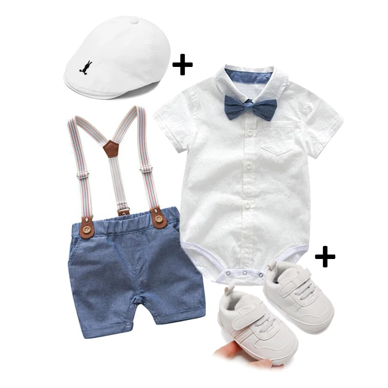 Cute 1year Baby Boy Clothes Gentleman Romper Suit with Suspender Pants White  Shoes and Cap 4pcs Newborn Photography Set