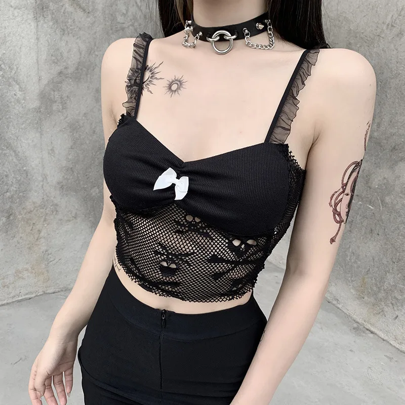 

Goth Skull Graphic Embroidery Black Crop Top Women Black Mesh Camis Sexy Patchwork Transparant Bodycon Tank