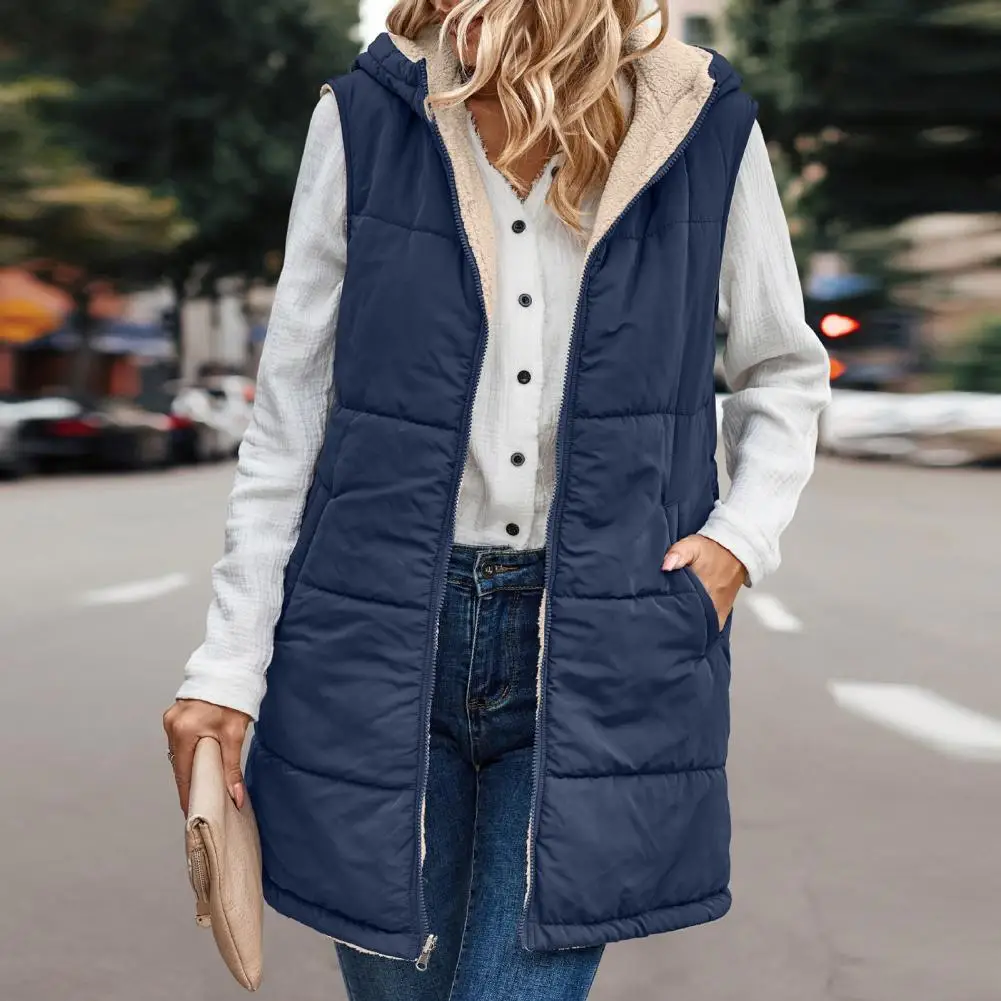 

Plush Lining Waistcoat Versatile Women's Reversible Vest Coat with Hood Fleece Lining Mid-length Solid Color for Warmth