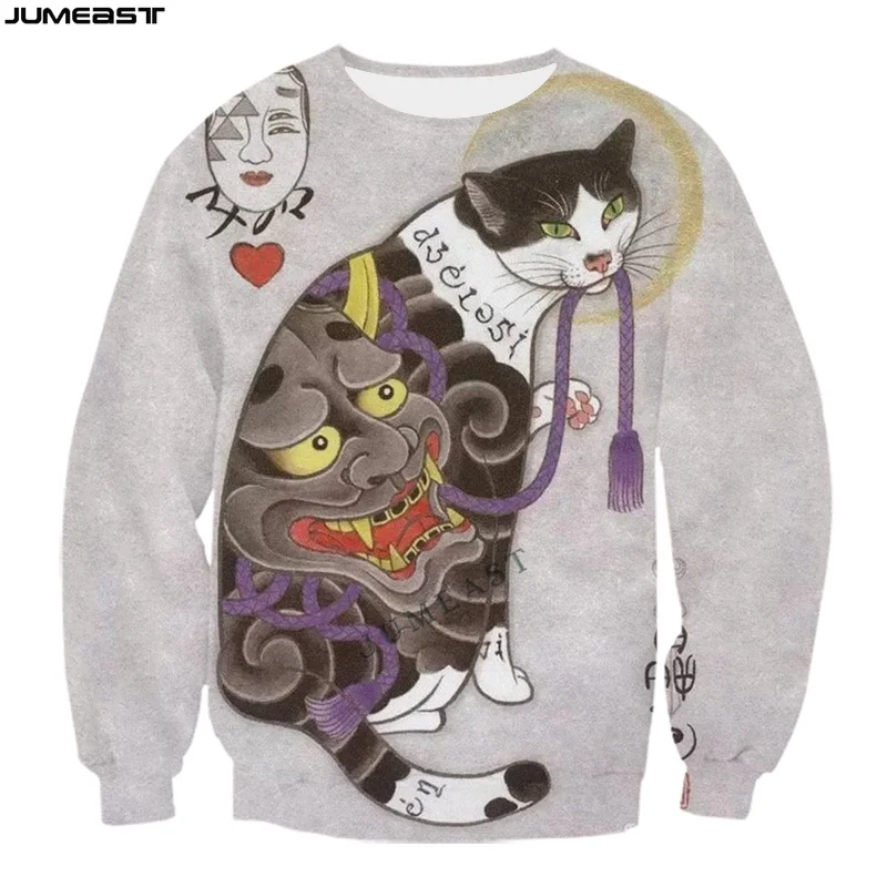 Jumeast Y2k Мужская Женская толстовка с 3D принтом японская кошка самурая тату модная