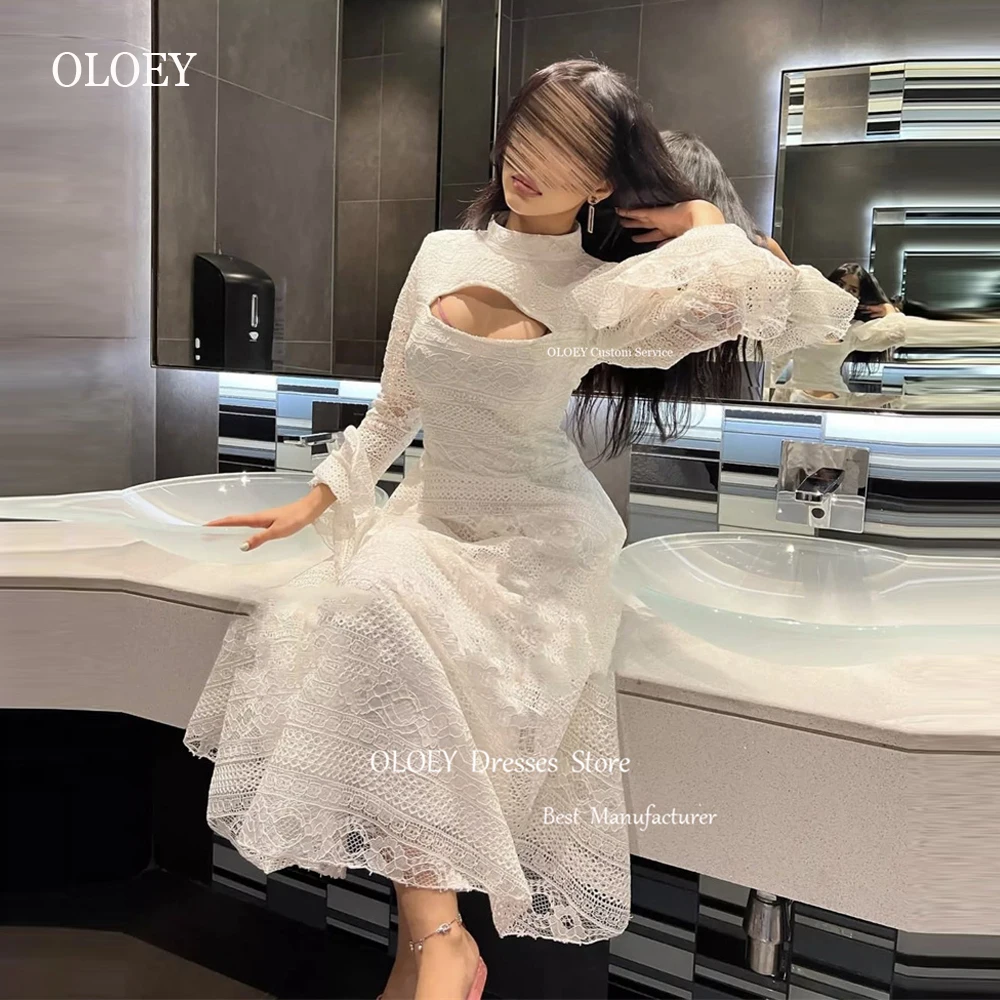 

OLOEY Elegant White Full Lace A Line Evening Dresses High Neck Long Sleeves Tea Length Saudi Arabic Formal Party Prom Dress