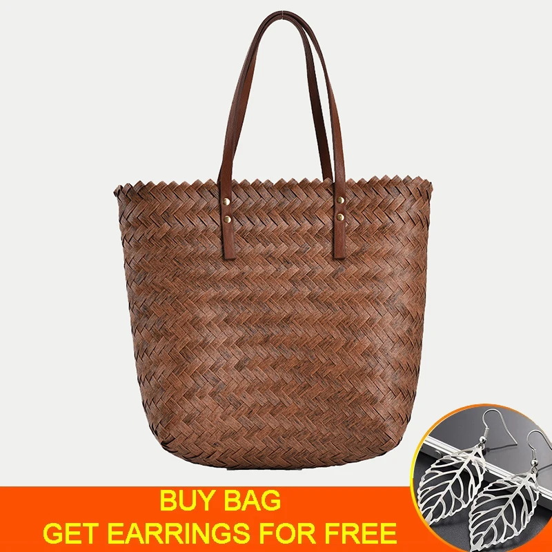 Сумка-тоут женская Соломенная вместительный саквояж на плечо в простом стиле