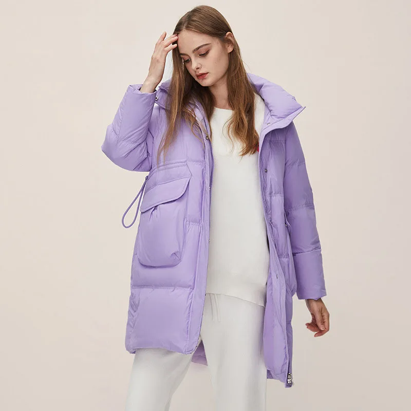 Women Down Coat Winter White Duck Jacket Mid Length Hooded  Jackets Fashion Keep Warm Windproof Snap Zip Thick Cashmere Coats
