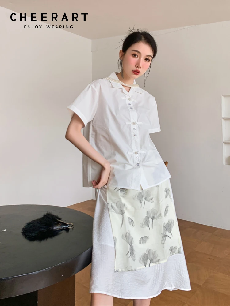 

CHEERART Vintage Patchwork White Floral A Line Skirt For Women Summer High Waist Minimal Knee Length Skirt Bottoms
