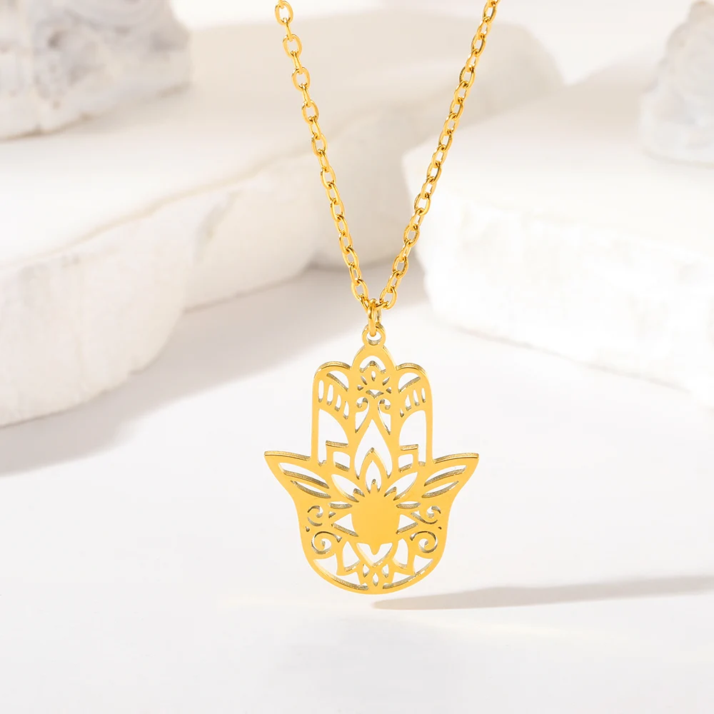 

Gold Color Stainless Steel Hand of Fatima Necklace For Woman Men Vintage Neck Chain Golden Openwork Lotus Flower Motif Jewelry