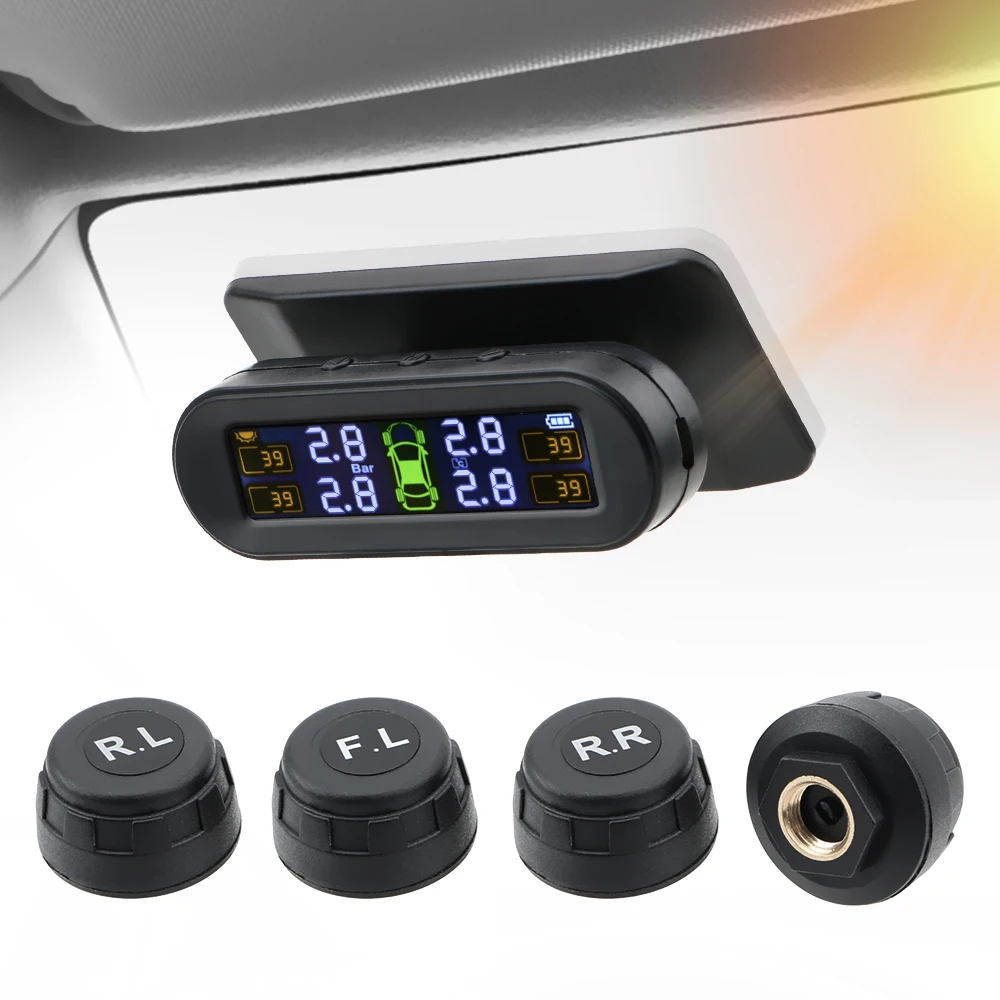 

Tire Pressure Monitoring System Car Tyre Pressure Monitor Temperature Warning Fuel Save With 4 External Sensors Solar TPMS