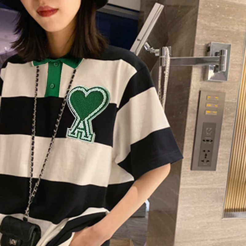 

European and American Tide Brand Short-sleeved Love A Embroidery Peach Heart Polo Striped Loose Couple T-shirt