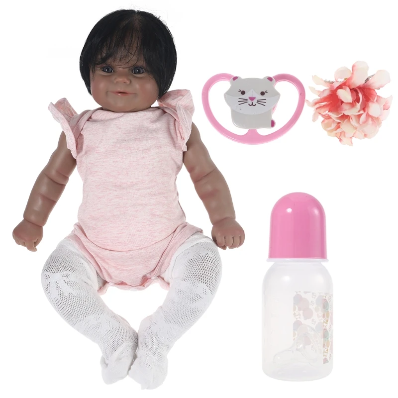 

20’’ Vinyl Toy Silicone Realistic Baby Girl Doll with Pink Dress Lifelike Educational Interactive African RebornDoll