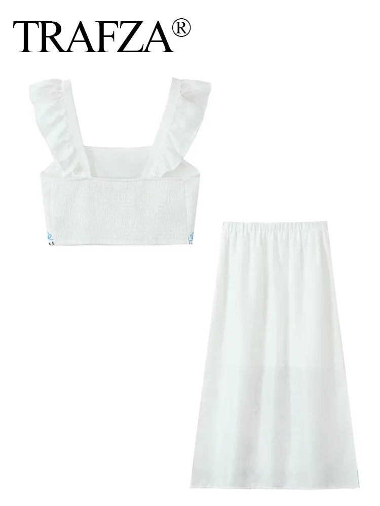 Женский летний костюм TRAFZA белый топ без рукавов с квадратным вырезом и принтом