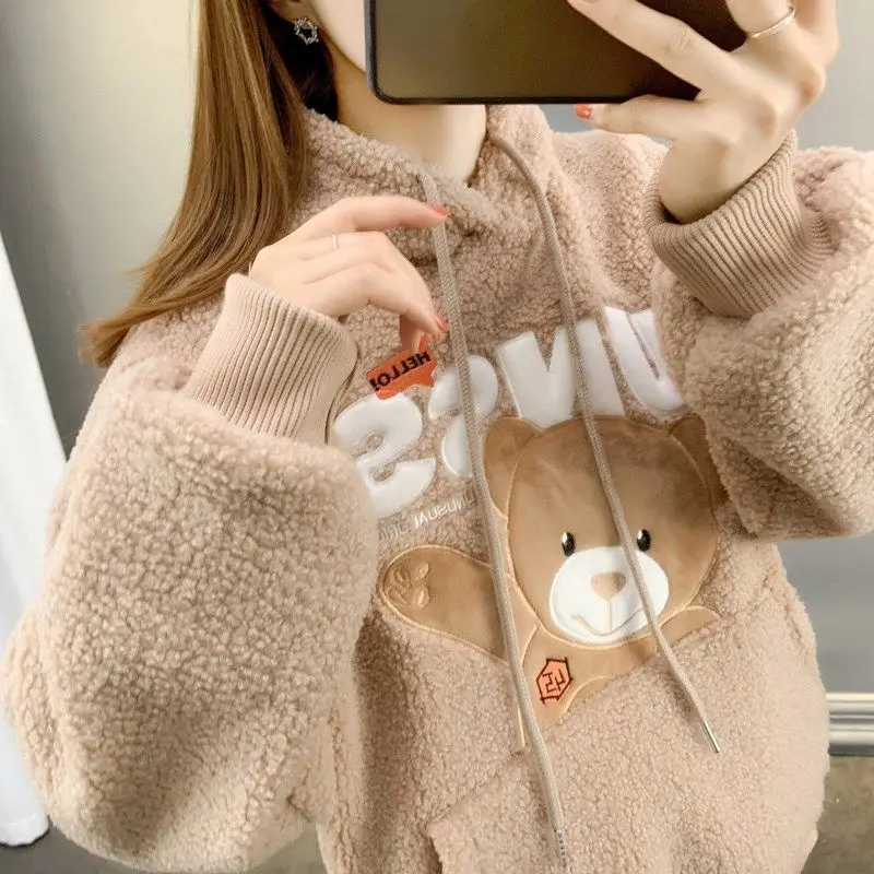 

Kawaii Clothes Winter Lambswool Bear Jumper Granulated Fleece Jumper Loose Version Long Sleeve Comfortable Ladies Pullover