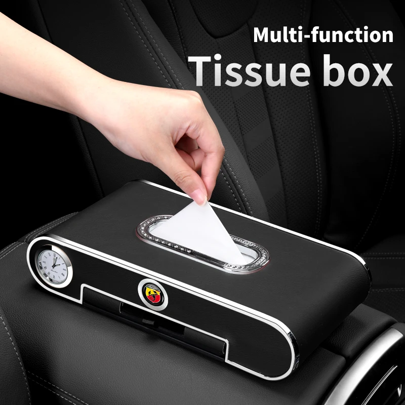 

1Pcs Car Tissue Boxes Holder with Clock Leather Tissue Box Towel Sets Car Interior Accessories for Fiat 500 Punto Ducato 500L