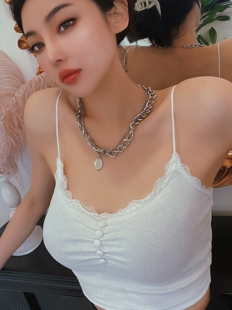 

Hot Sexy Korean Women Camisole New Summer 2022 Solid Lace Mesh Pleated Tank Tops Sexy Vest Button Decoration Y651