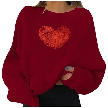 Ladies Casual Love Heart Print Round Neck Long Sleeve Loose Oversized Sweatshirt Holiday Party Hoodie Sweatshirts Pullover #22 1