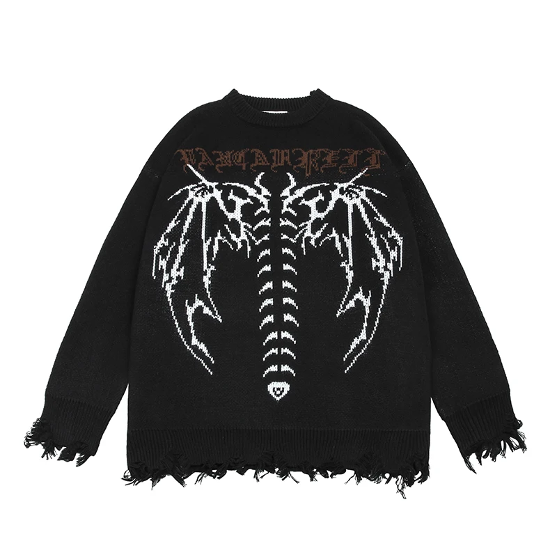

Front Skull Bone Back Sanskrit Embroidery Ripped Hem Frayed Men's Sweaters Retro Oversized Spliced High Street Casual Sweater