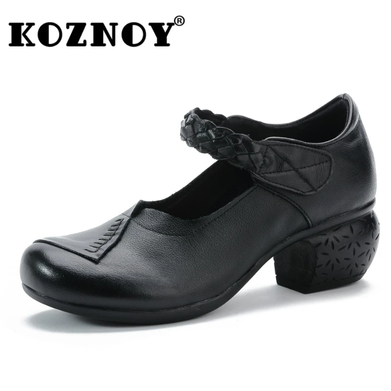 

Koznoy 4.5cm Retro Cutout Genuine Sewing Leather Ethnic Comfortable Spring Autumn Women Block Heel Soft Sole Handmade Hook Shoes