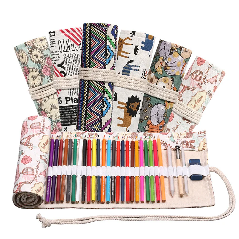 

12/24/36/48 Holes Roll Colored Pencil Case Kawaii School Canvas Pen Bag for Girls Boys Cute Large Pencilcase Box Stationery Gift