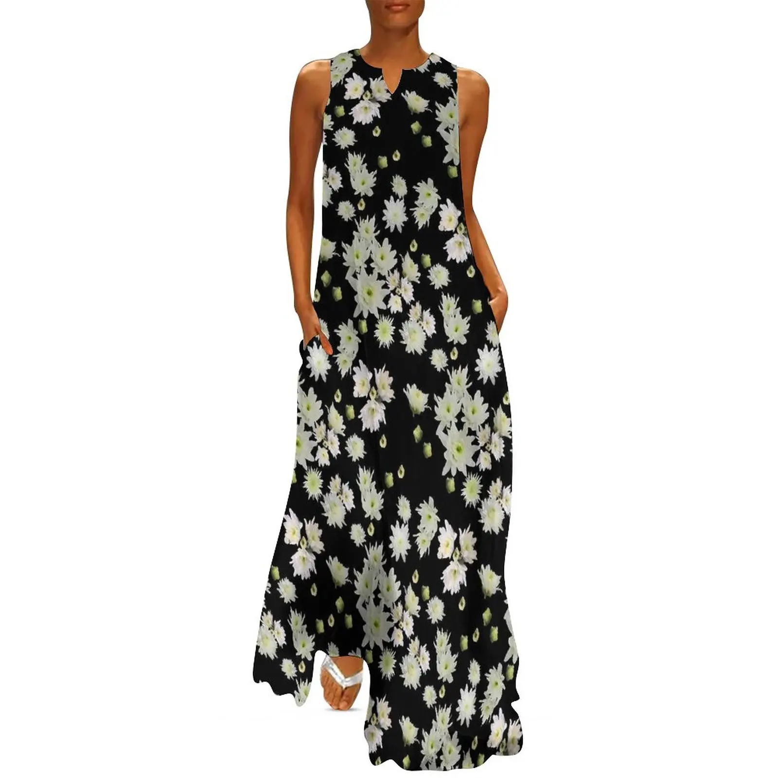 

White Floral Dress Summer Lotus Flower Print Street Wear Bohemia Long Dresses Womens Print Vintage Maxi Dress Big Size 5XL