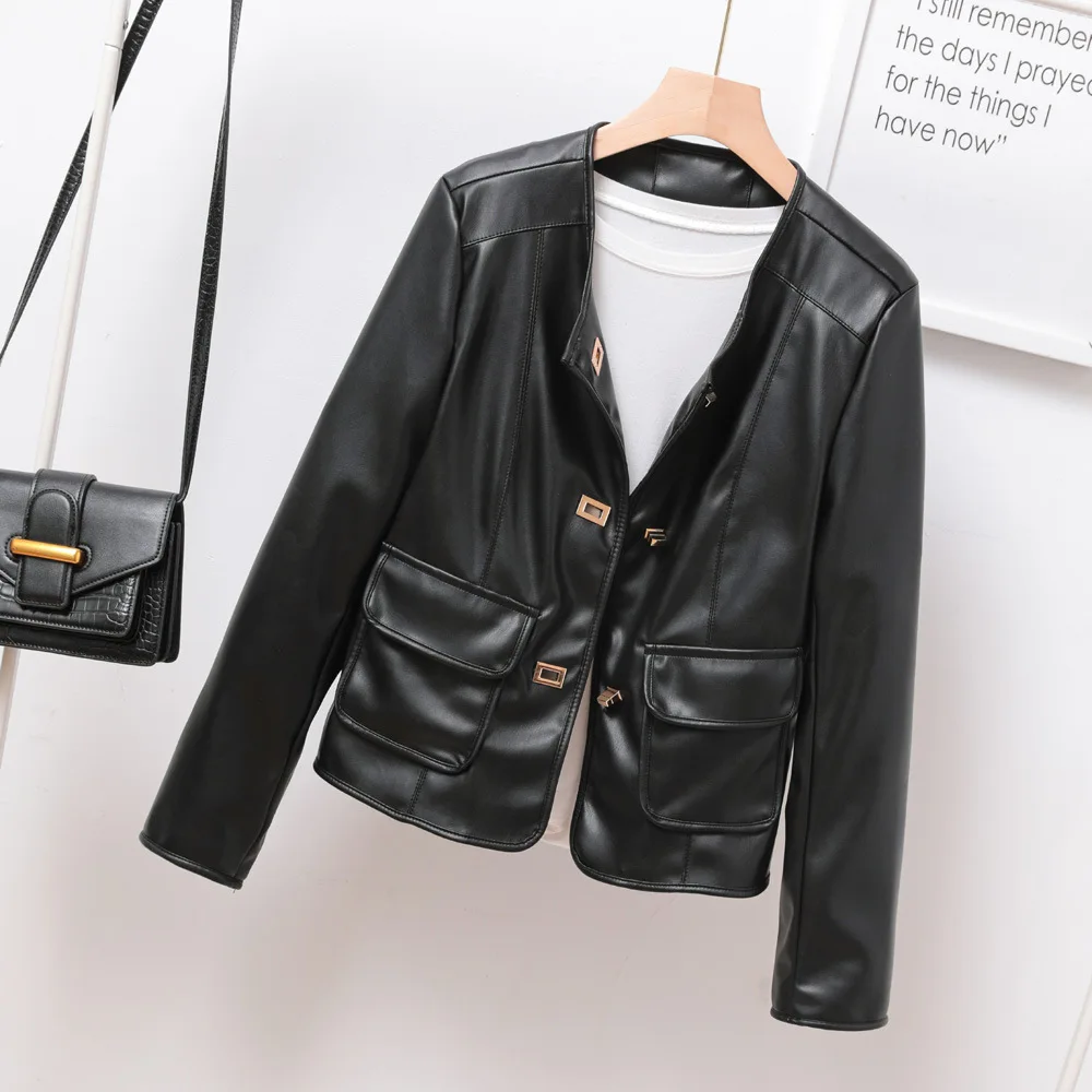 2023 Soft leather crew neck coat single breasted short style temperament women's leather jacket