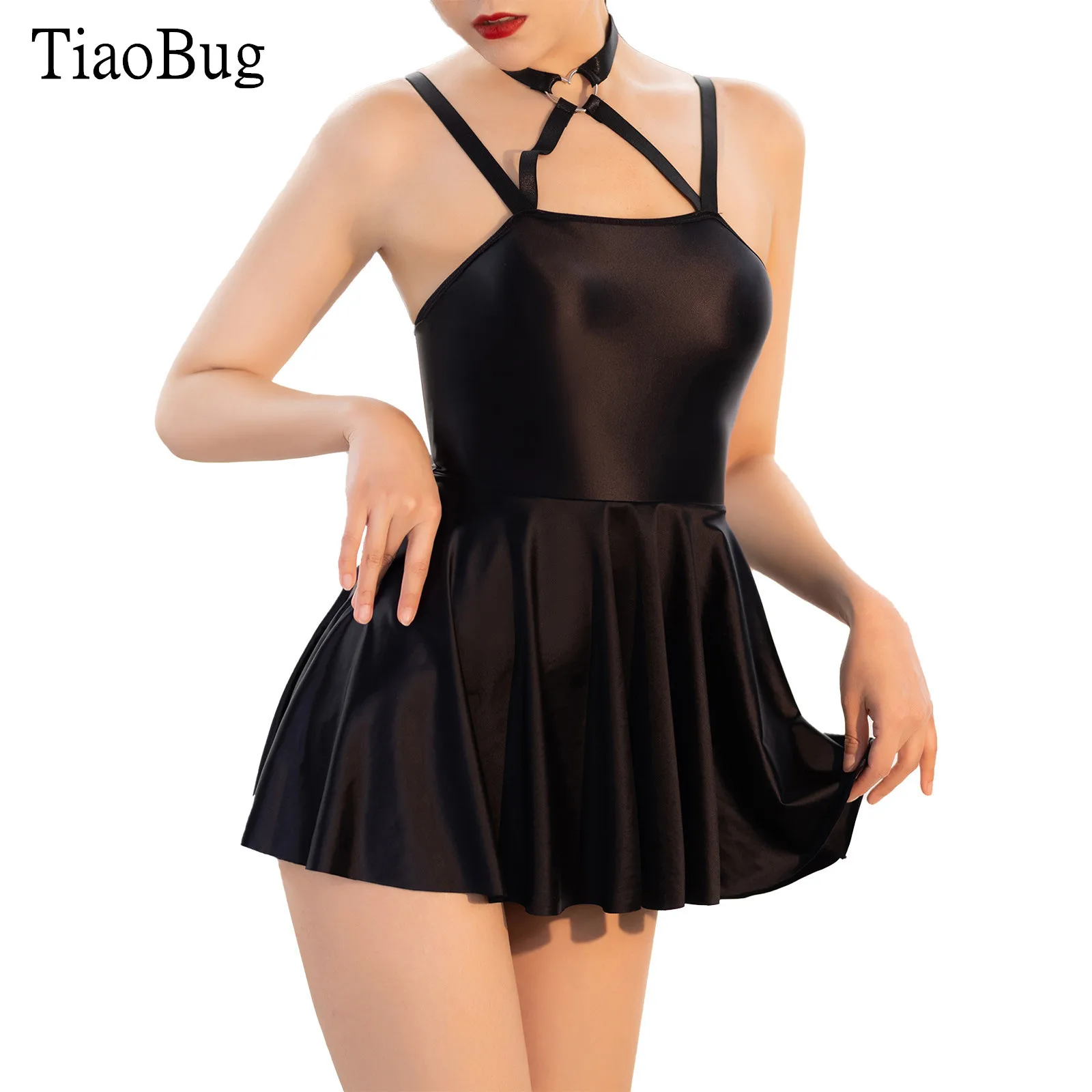 

Womens Glossy Lingerie Dress And T-Back Suit Halter Backless Heart Ring A-Line Mini Dress with G-String Set for Night Clubwear