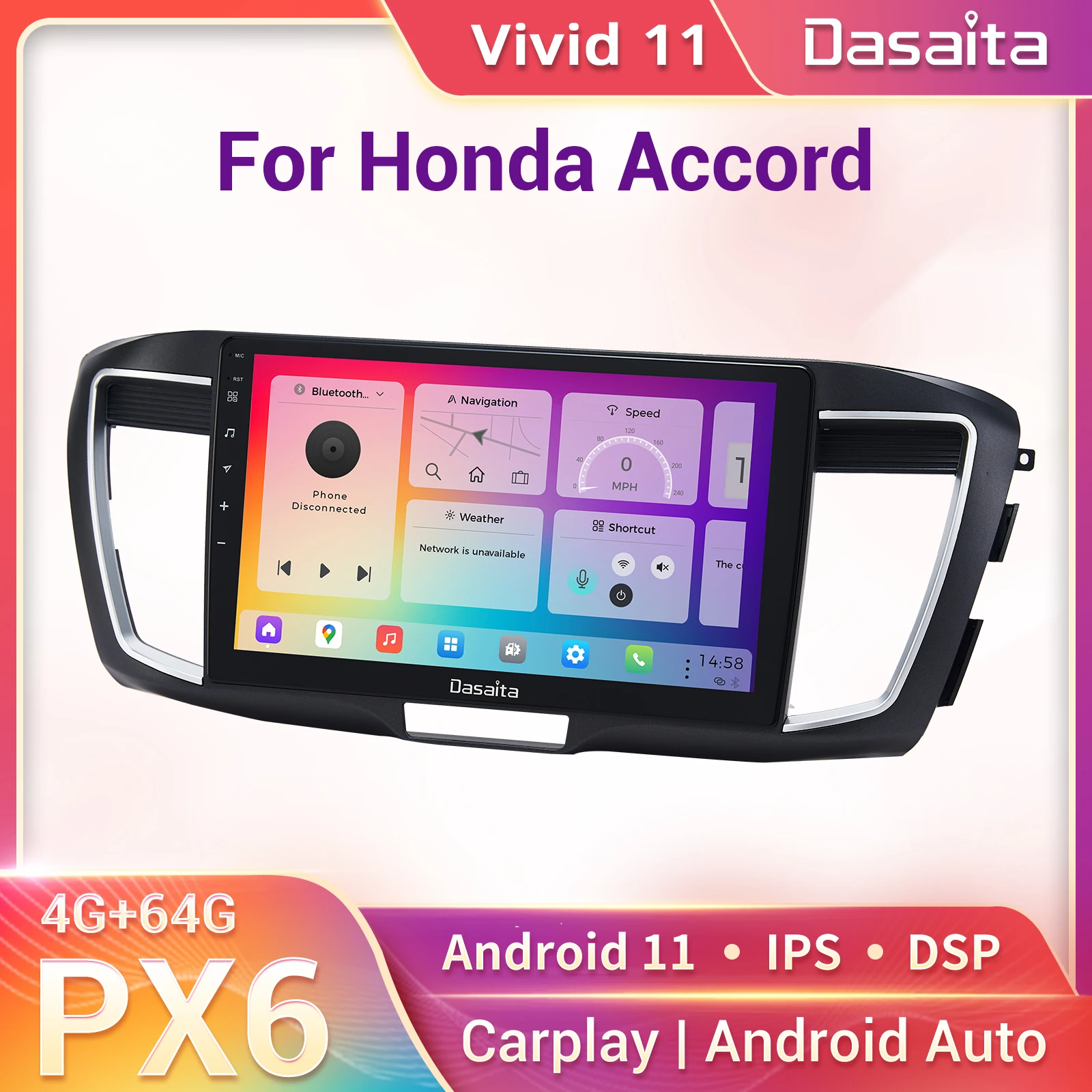 

Автомобильная магнитола Dasaita Vivid 1 Din для Honda Accord 2013, 2014, 2015, 2016, 2017, 9-го поколения, Apple Carplay, Android 10,2, автомобильный GPS-модуль