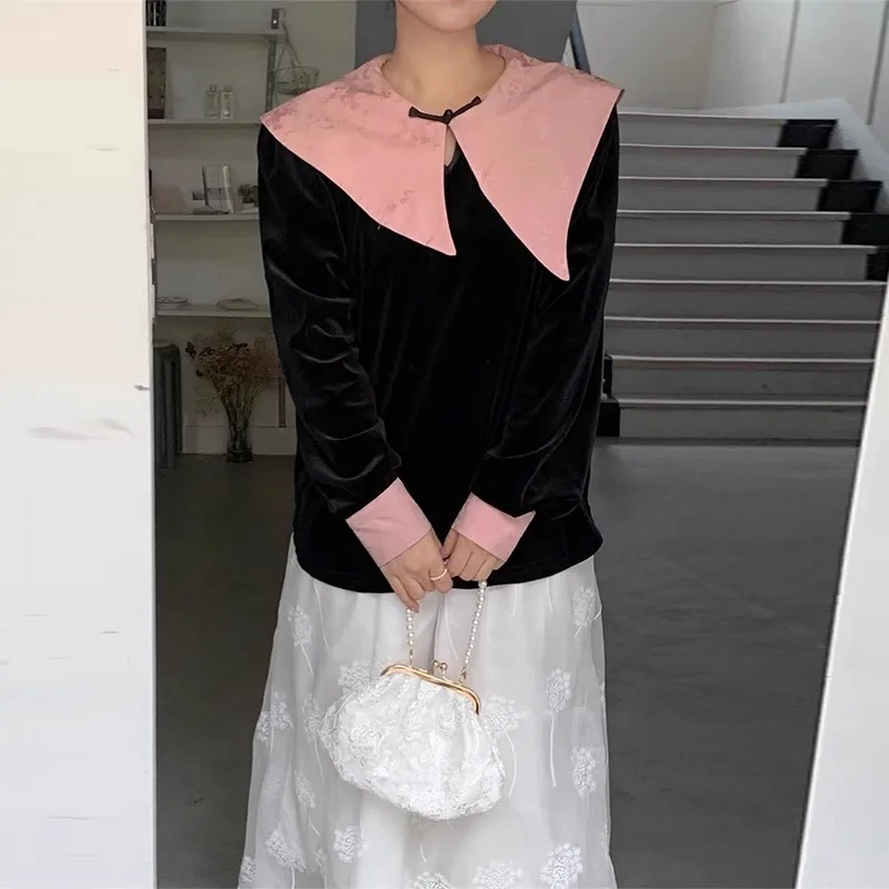 Новинка Вельветовая рубашка Neploe в китайском стиле с воротником Питер Пэн для