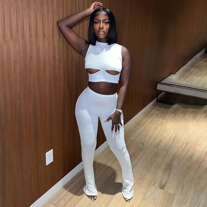 

Женский однотонный комплект из 2 предметов, топ с вырезами и расклешенные брюки