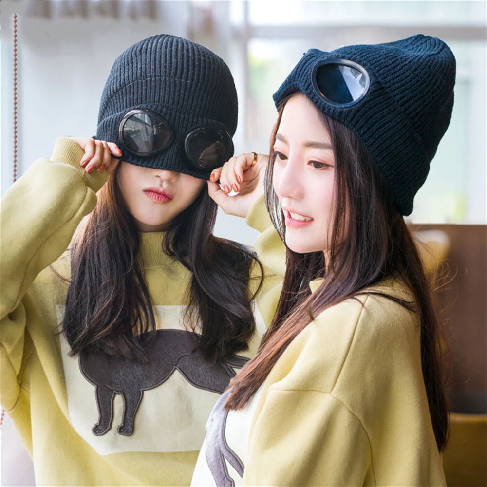 

2023 Unisex Warm Knit Wool Hats Outdoor Windproof Ski Caps with Removable Glasses Beanies Cap Winter Multi-function Sports Caps