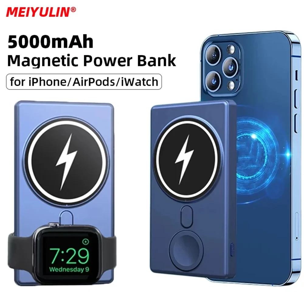 

5000mAh Wireless Magnetic Power Bank 3 In 1 Macsafe Powerbank Portable External Battery Fast Charger For Watch iPhone 14 13 12
