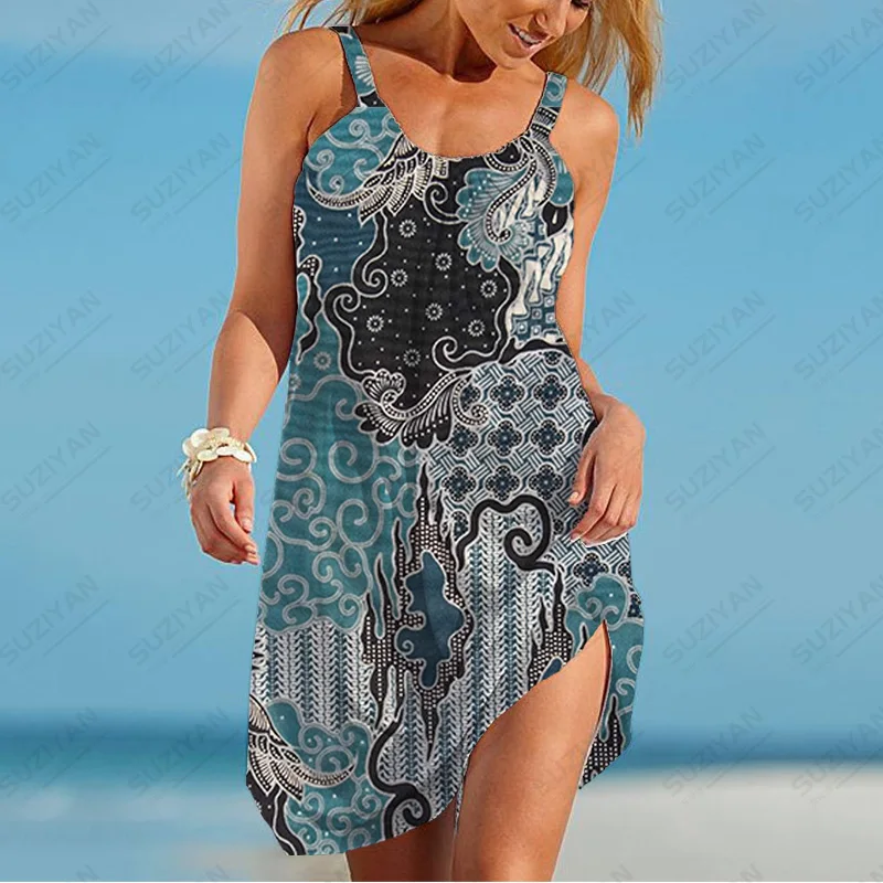 

2022 Style Woman Chinese Standard-fit New Asian Floral Dress Top Fashionable Printed Beach Spaghetti Strapped Clothes Latest