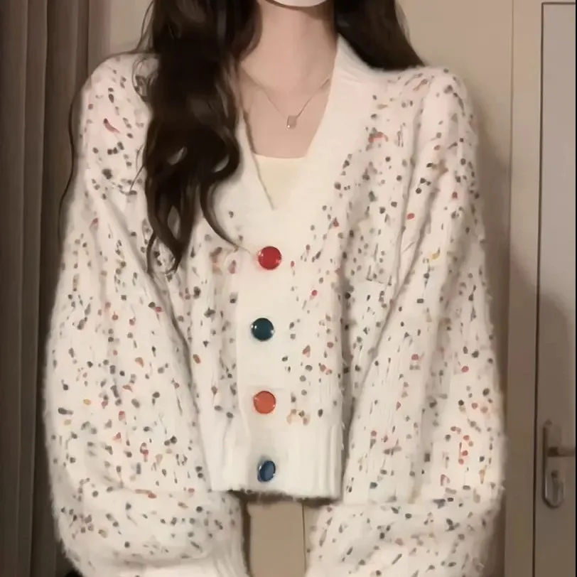 

Rainbow Dot Knitted Cardigan Women Autumn Winter Cute Sweater Coat Jumpers Casual Long Korean V-neck Fall 2023 New Outerwear T36