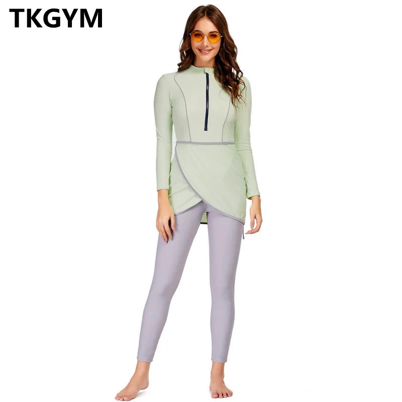 

2022 Women Muslim Swimsuit Long Sleeve Zipper 3 Piece Set Conservative Swimwear with Chest Pad Rash Guard Beachwear Surfing Suit