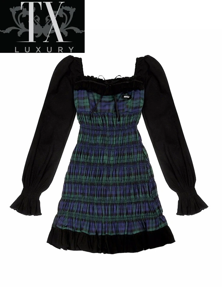 

2022 New Spring Woman Harajuku Gothic Y2k Punk Dress Sexy Preppy Style Mini Skirt Fashion E-girl Loog Sleeve Pleated Party Club