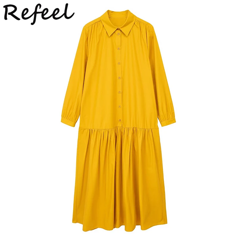 

Женское винтажное платье-миди из хлопка Refeel, свободное однотонное модное праздничное однобортное плиссированное платье с длинным рукавом, лето