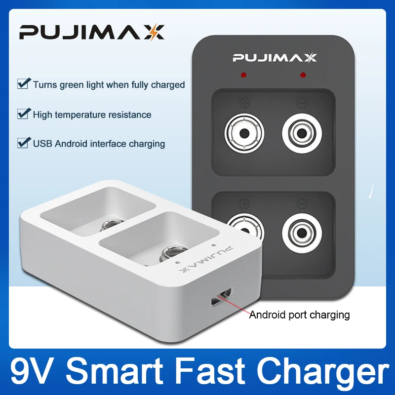 

PUJIMAX 2 Slots 9V Smart Fast Battery Charger With LED Indicators USB Cable For 9V Ni-MH/Ni-Cd/Li-ion Rechargeable Batteries