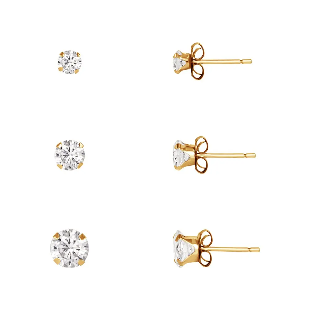 

10kt Yellow Gold CZ Clear Diamond Stud Earrings Set, 3mm, 4mm, and 5mm