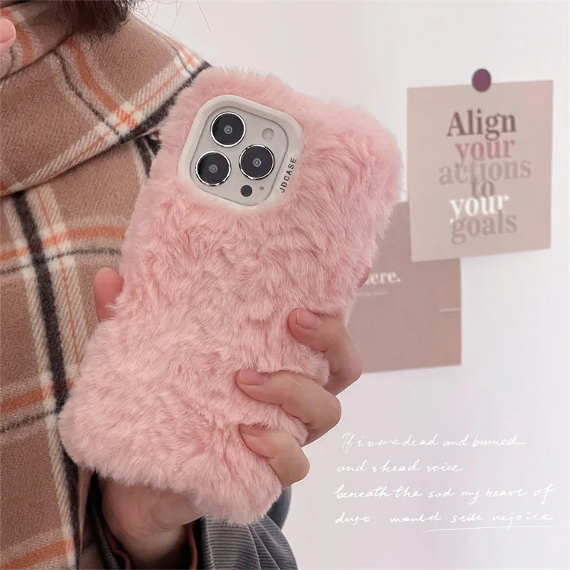 Lns Korean Style Cute Fluffy Fur Phone Case For Iphone 16 14 13 12 11 Pro MAX X XS XR 15 Girl Cover Soft Plush Coat Coque