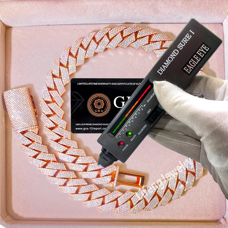 Ожерелье мужское под розовое золото кубинская цепочка с муассанитом 20 мм 24 дюйма