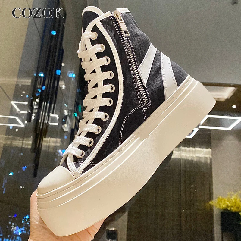 

Повседневная женская обувь с высоким верхом, женская обувь с круглым носком, боковой молнией, толстой подошвой, удобная Весенняя женская обувь на плоской подошве со шнуровкой