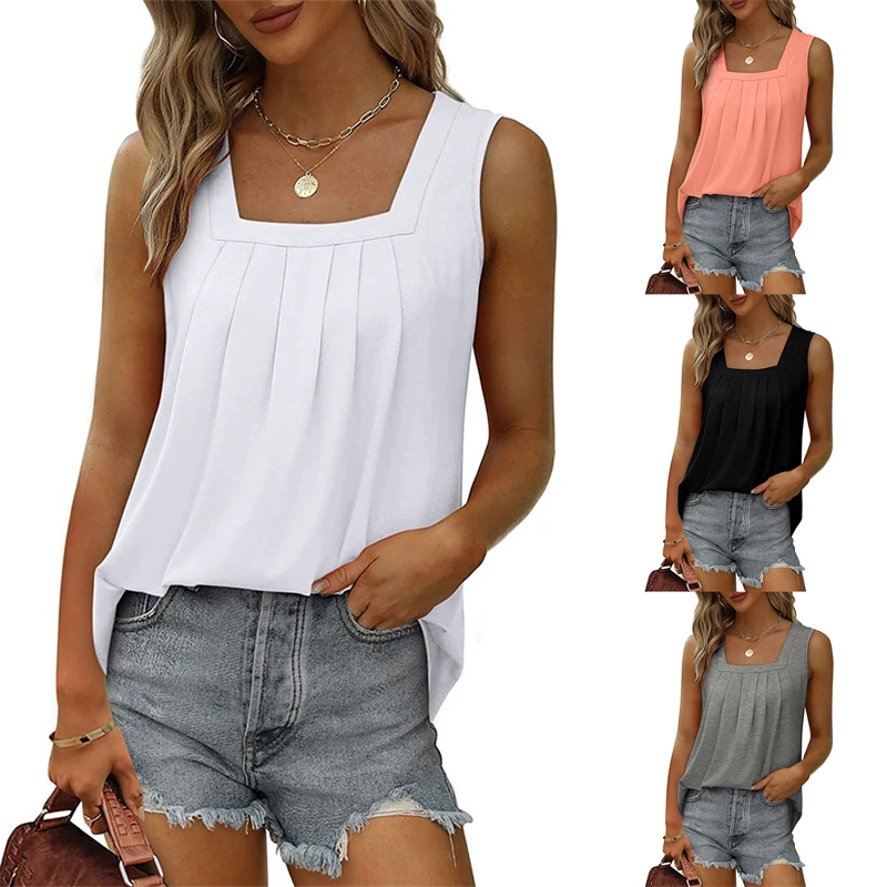 

Trendy Women Ruffled Square Collar Tank Top Summer Loose Fit Pleated Square Neck Sleeveless Shirt Curved Hem Flowy Casual Tops