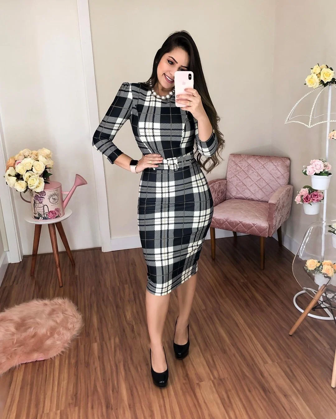 

Autumn Winter Plaid Dress Women Office Lady Fashion Elegant Slim Houndstooth Leopard Print Zipper Sashes Party Dress Women