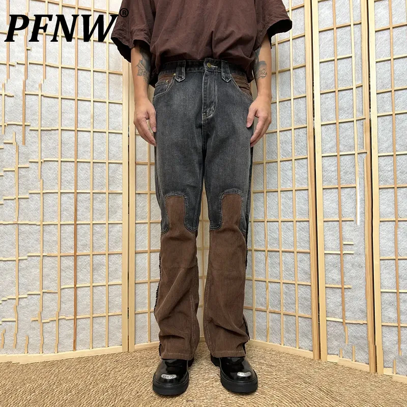 

PFNW Spring Autumn New Men's Corduroy Flare Pants Patch Designs Vintage Niche Fashion Streetwear Daliy Straight Trousers 28A1086