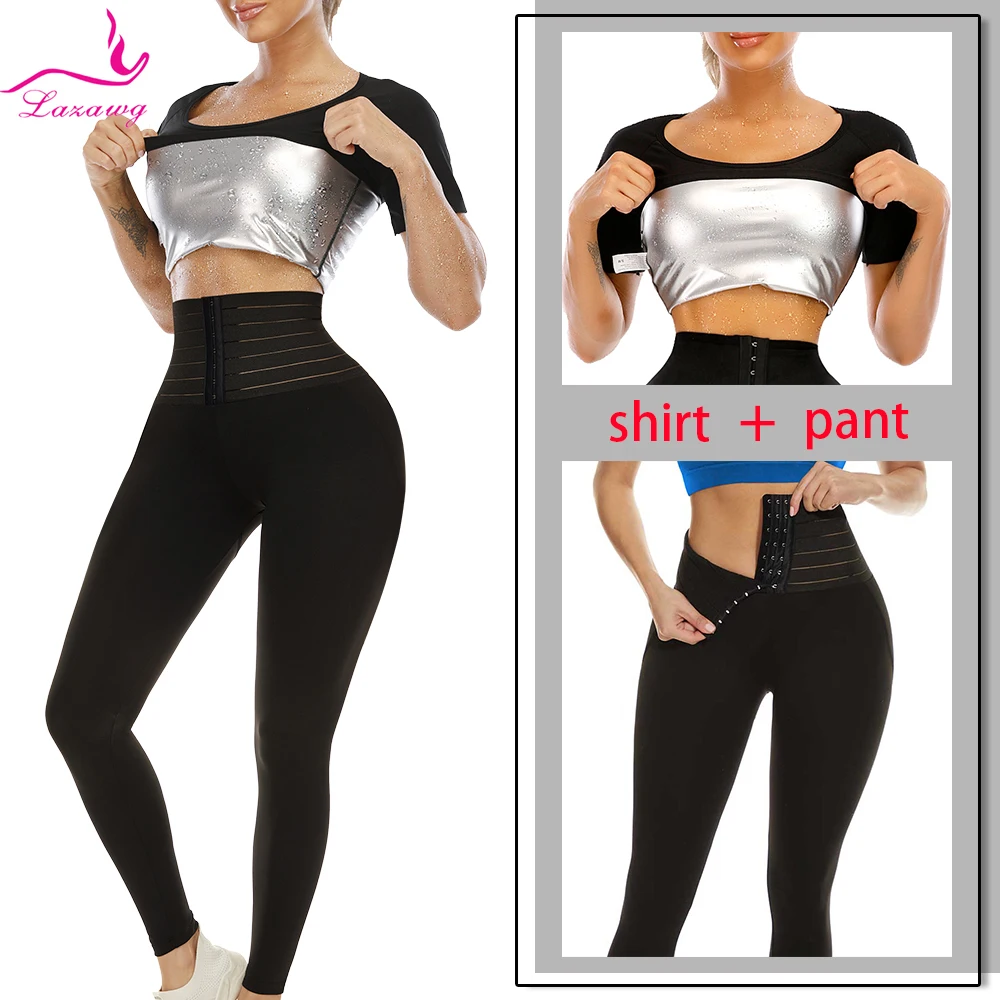

LAZAWG Sweat Women Body Sculpting Sports Sets Short Sleeves Yoga Pant Slimming Fitness Weight Loss Workout Suits Shapewear