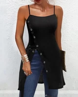 womens tank top new spaghetti strap eyelet long style slit cami top sleevelesstshirt 2022 summer fashion camis casual clthes