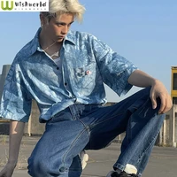 vintage british summer tie dyed dark blue rhinestone loose short sleeve mens shirt street hip hop top blouse clothes