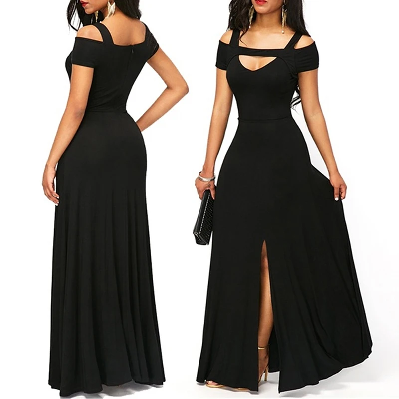 

2022 Summer Fit And Flare Dress For Women Robe Femme Off Shoulder Split Party Dress Short Sleeve Ladies Maxi Dress Sundress