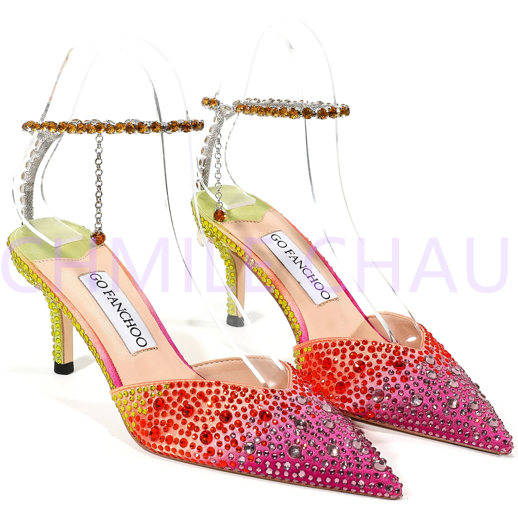 Brand Designer Women Luxury Sandal Wedding Elegant Crystal High Heel Ankle Strap Party Pointed Toe Sexy Stilettos Shoe 34-CHC-26