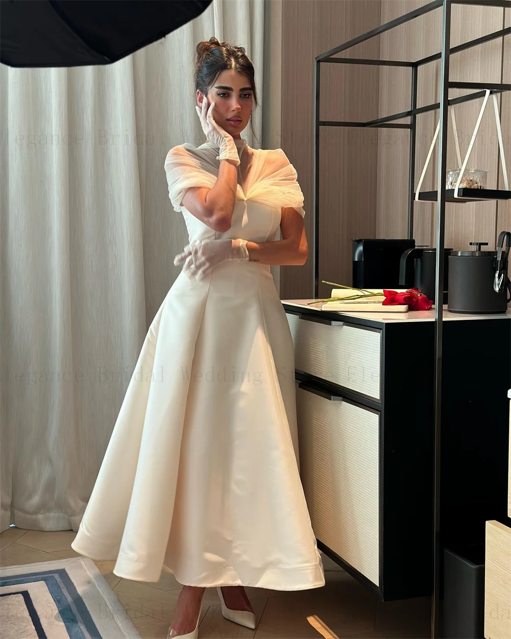 

Elegant High Collar Evening Dresses with Cap Sleeves Ankle Length Satin Pleated Formal Prom Gowns for Women Summer فساتين سهرة